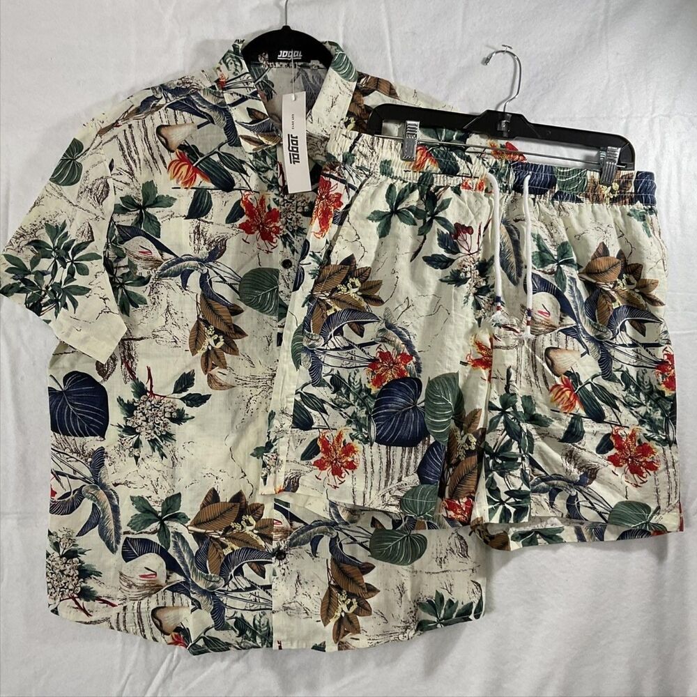 Jogal Shirt & Shorts Set Mens Large White Hawaiian Floral Button Up Tropical